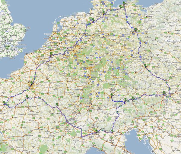 Карта маршрута поездки на мотоцикле по Европе